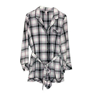 Victoria's Secret Gray Pink White And SIlver Plaid Flannel Romper Size Large